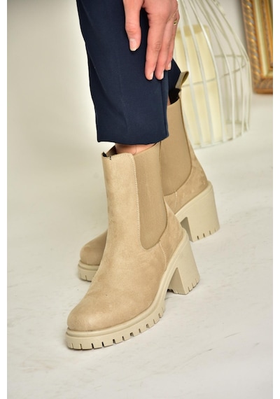 Fox Shoes T726981602 Bej Süet Lastikli Kalın Topuklu Kadın Bot Bej