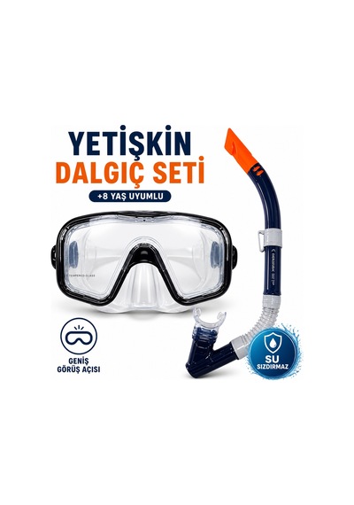 Yetişkin Dalış Maskesi Şnorkel Seti +8 Yaş Geniş Görüş Deniz Gözlüğü Siyah