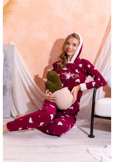 Nisanca Kapüşonlu Kışlık Kadın Peluş Polar Pijama Takımı - Yeni Yıl Pijaması Mürdüm