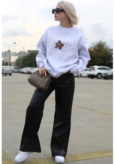Karmelanj Bisiklet Yaka Baskılı Sweatshirt Mg1572