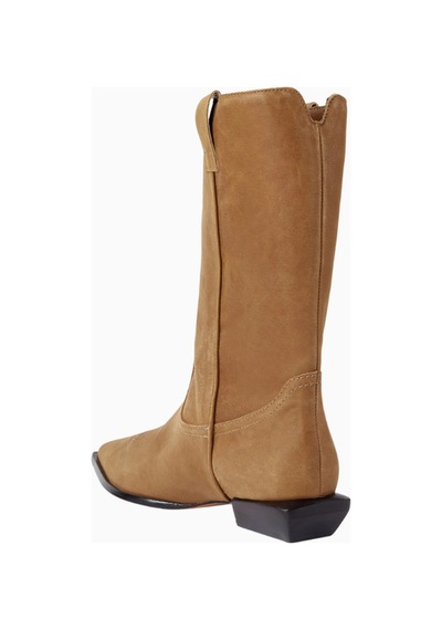 Schutz Ashley 30 Kahverengi Deri Western Topstitch, Düşük Blok Topuklu Lüks Bot