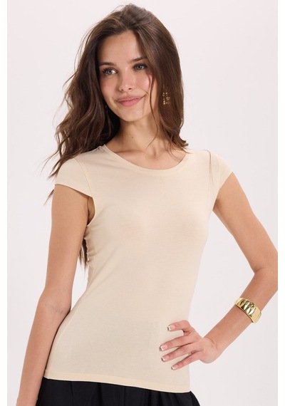 Tudors Kadın Slim Fit Dar Kesim Pamuklu Likralı Bisiklet Yaka Ay Kol Sarı Tişört-51122