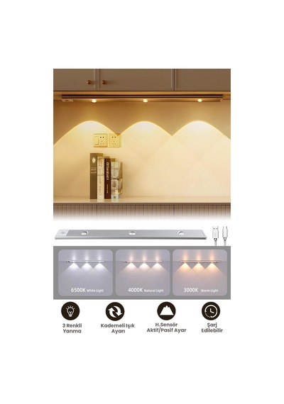 Technojet Hareket Sensörlü Şarj Edilebilir 3 Farklı Renk Yanabilen 3 Led Dekoratif Lamba,dolap Işığı