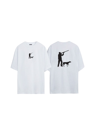 Thewert Unisex Avcı Ve Köpek Siluet Çizimi Ön Arka Baskılı Beyaz Oversize T-shirt
