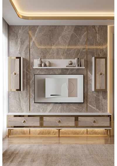 Tvr1816btg Pega Tv Ünitesi Takımı Beyaz-traverten-gold 180cm Beyaz - Traverten - Altın