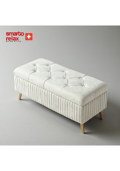 Smarto Relax Swiss Style Puf , Appenzell Kapitone Sandıklı Puf, Babyface Kaplama, 100x40x45 Cm, Ahşap Ayaklı ,sandıklı Dekoratif Puf Ekru Bej