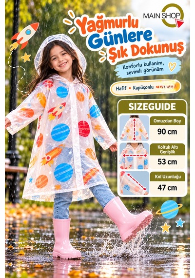 Mainshop 6-7 Ve 8-9 Yaş Çocuk Yağmurluk Kapüşonlu Su Geçirmez Şeffaf Desenli Çok Renkli