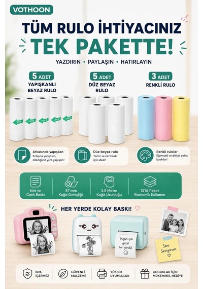 Ers 13 Lü Mini Yazıcı Termal Rulo Seti Çocuk Kamera Baskı Kağıdı 5 Yapışkanlı 5 Düz Beyaz 3 Renkli