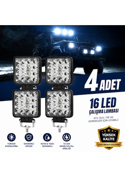 4 Adet 16 Ledli Çalışma Lambası 12-24v 48w Offroad. Projektör Geri Vites Lambası Motosiklet Dorse Tır Traktör İş Makinesi Tekne Uyumlu 10,7 Cm 10,7 Cm 1,6 Cm 50W Beyaz