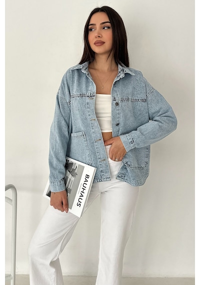 Kadın Cepli Düğmeli Denim Ceket Light Frame mavi