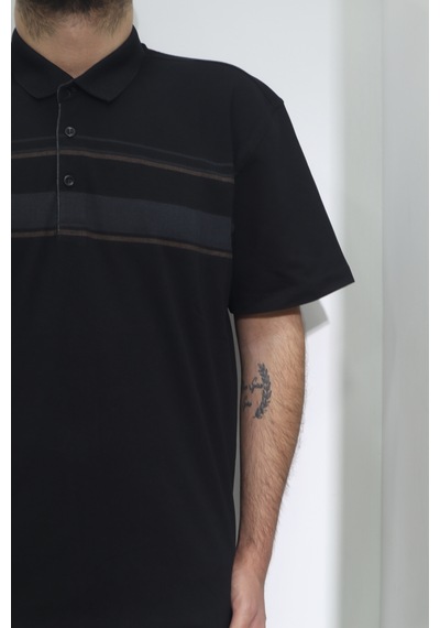 Santa Dmctekstil Erkek Desenli Spor Kesim Rahat Kalıp Polo Yaka Battal T-shirt Siyah