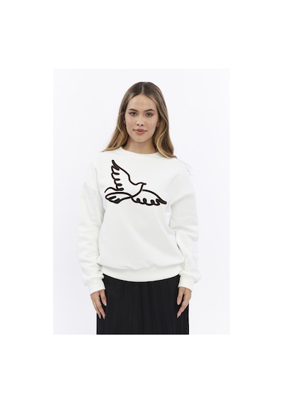 Kadife Kuş Desenli Şardonlu İçi Polarlı Ekru Regular Fit Bisiklet Yaka Kadın Sweatshirt Ekru