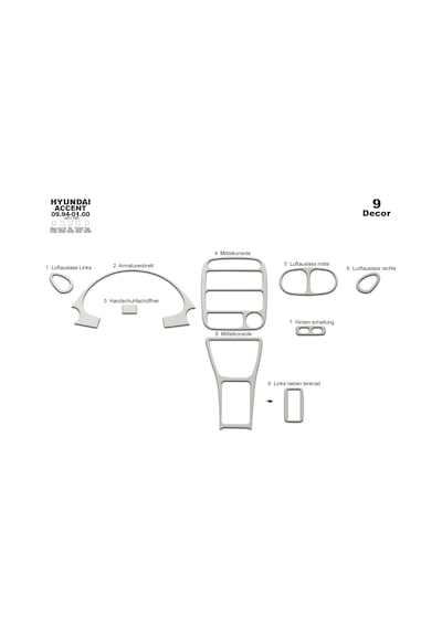 Hyundai Accent Torpido Kaplama 1994-2000 9 Parça Alüminyum