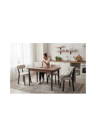 Efe Mobilya T-6018 Kemençe 70x120 Mdf Teddy Krem Sandalye 4 Kişik Mutfak Masası Takımı