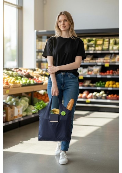 Kapsül Çanta Omuz Çantası Alışveriş Çantası Shopping Bag İnce Paraşüt Kumaş Lacivert