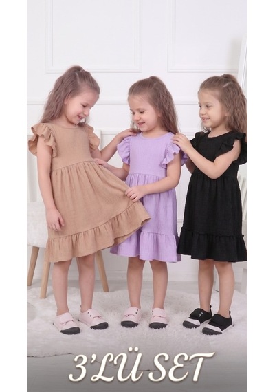 New Kids 3 Lü Set Kız Çocuk Elbise 3 Adet Yeni Sezon Yazlık -91205 Çok Renkli