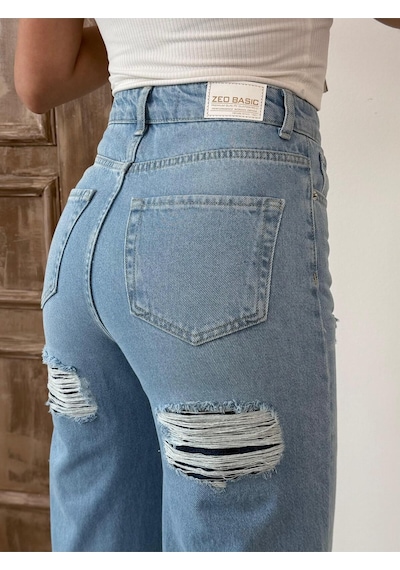 Kadın Wide-leg Fit Ön Ve Arka Lazerli Pençli Yüksek Bel Geniş Paça Kot Pantolon Açık Mavi Mavi