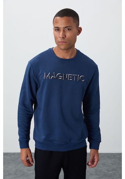 Tommy Life İndigo Yazı Nakışlı O Yaka Rahat Form İçi Polarlı Erkek Sweatshirt - 88020 Indıgo