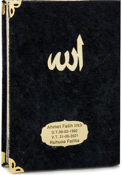 10 Adet Kadife Kaplı Yasin Kitabı - Çanta Boy - İsme Özel Plakalı - Tesbihli - Keseli - Siyah Renk - Mevlüt Hediyeliği - 80 Sayfa