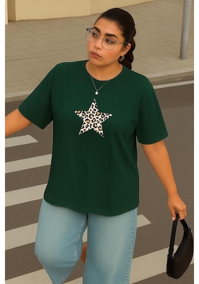 Büyük Beden Yıldız Leopar Baskılı Unisex Tişört Yeşil