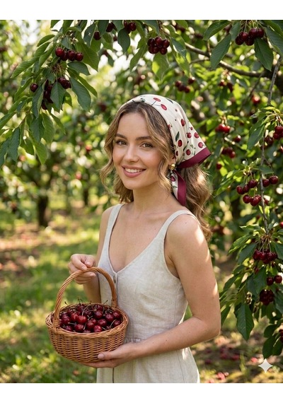 Trend Dokunuş Kadın 50-50 Saten Kirazlı Fular Bandana Kırmızı