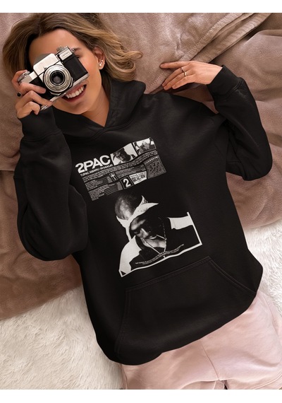 Sevbano 2pac Tasarım Rapper Tupac Baskılı Unisex Oversize Şarkıcı Hoodie Siyah