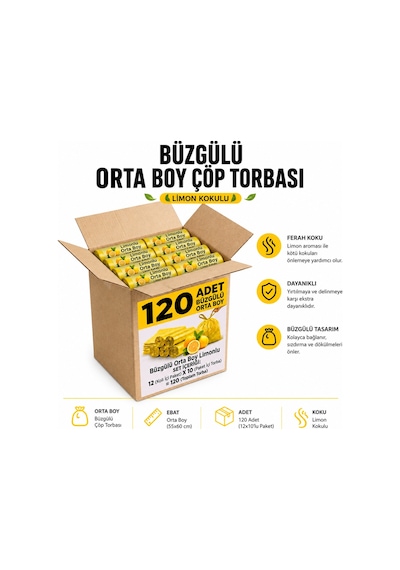 Polmix Büzgülü Limon Kokulu Sarı Çöp Torbası Poşeti / 55 X 60 Cm X12 Rulo 120 Adet