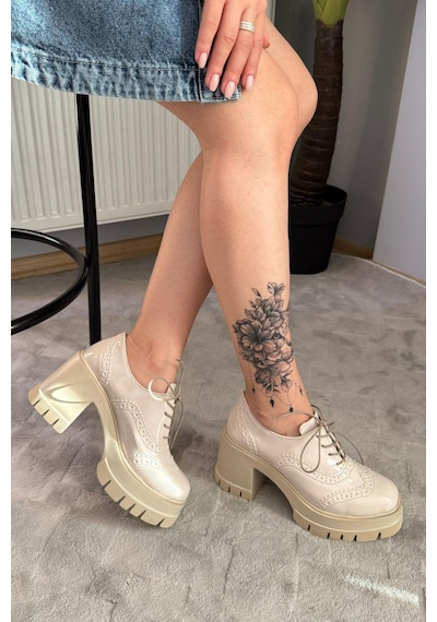 Kadın Diana Bej Rugan Carık Model 8 Cm Topuklu Platformlu Ayakkabı Bej Rugan