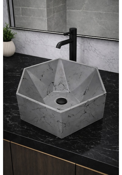 Mermer Desenli Tezgah Üstü Altıgen Taş Lavabo 45 X 16 Cm Gri