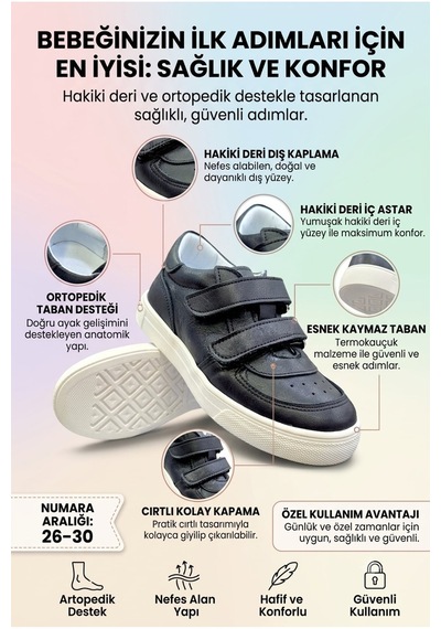 Perlina Ortopedik Taban Hakiki İç Dış Deri Çocuk Ayakkabı Siyah