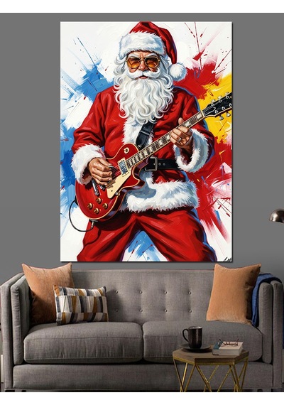 Ahşap Tablo Noel Baba Gitar Çalıyor Rock Hayvan Tabloları