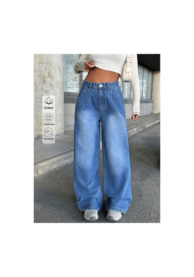 Kene Jeans Yüksek Bel Mavi Ön Arka Pensli Ön İşlemli Baggy Bol Paça Jeans Mavi
