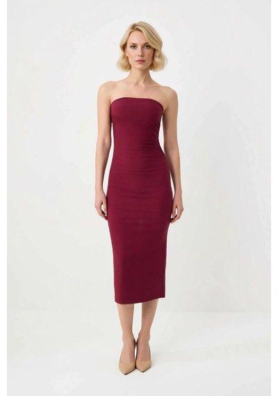 Benerly Kadın Straplez Bodycon Maxi Elbise Kolsuz Derin Yırtmaçlı Poplin Bordo
