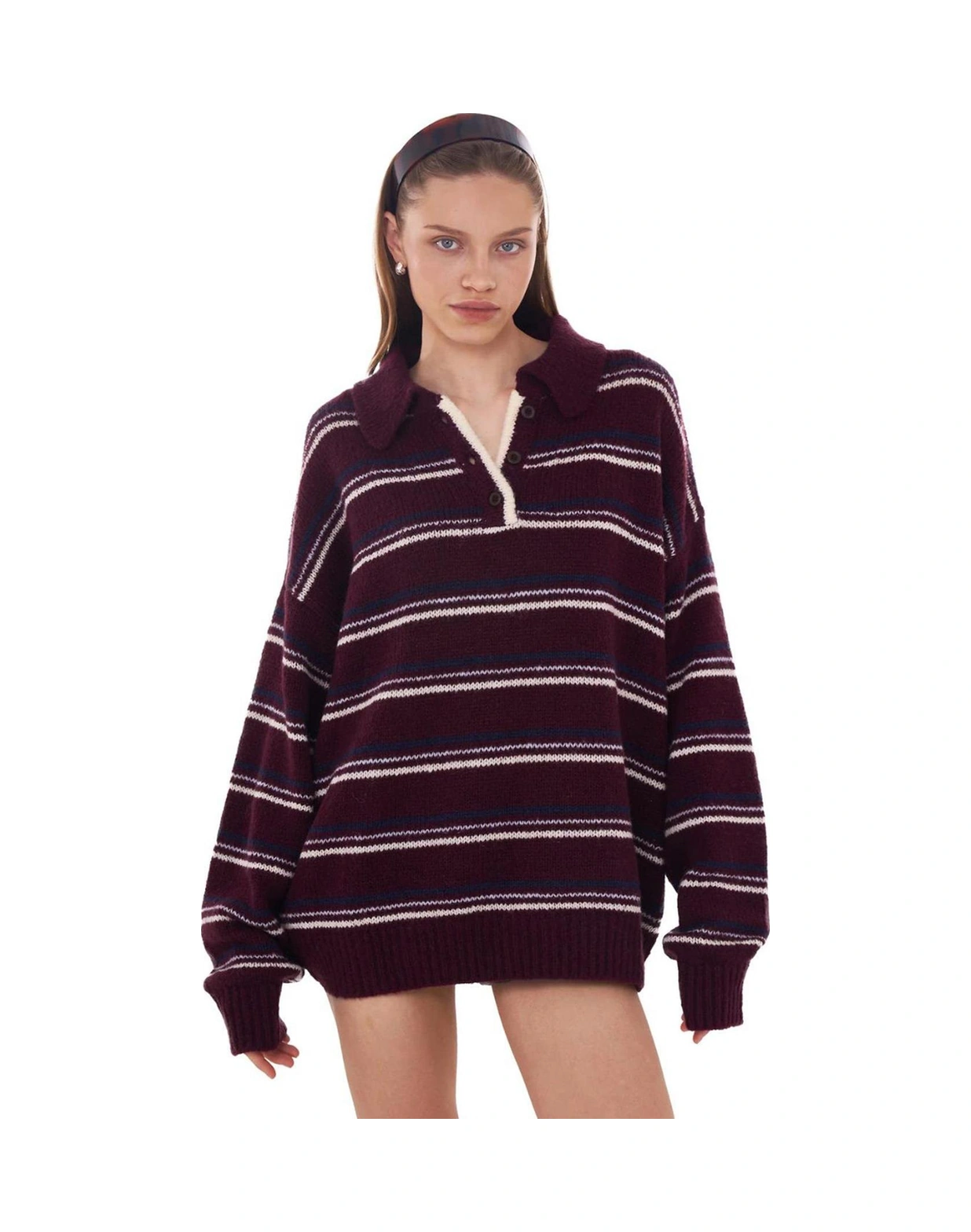 Madmext Bordo Çizgili Düğmeli Polo Yaka Kazak Mg2357 Bordo