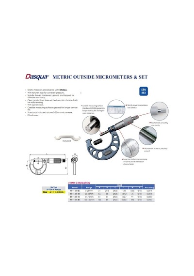 Dasqua 0-25 Mm Mekanik Dış Çap Mikrometre