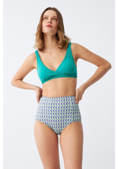 Akbeniz Kadın Yeşil Pedli Geometrik Desenli Yüksek Bel Bikini Takımı