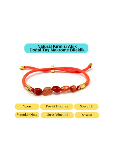 Sertifikalı Natural Kırmızı Akik Doğal Taş Makrome Bileklik Ayarlanabilir Ölçü Kırmızı