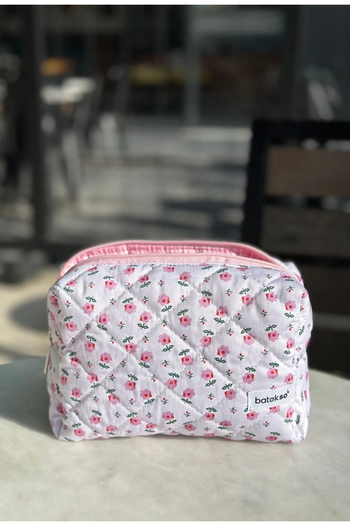 Batekso Minik Pembe Çiçek Desenli Makyaj Çantası - Büyük Boy