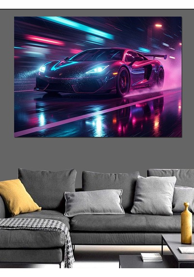 Gece Yarısı Neon Spor Araba Dekoratif Kanvas - Mdf Ahşap Tablo