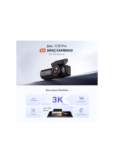 Juo C10 Pro 3k Uhd Hdr Wifi Ekranlı Araç Kamerası 170 Geniş Açı Gece Görüş G-sensörlü Araç İçi Kamera