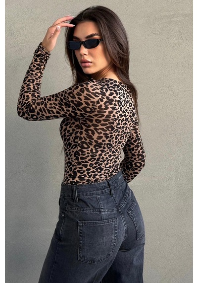 Seeh Leopar Kayık Yaka Uzun Kollu Body Sh322