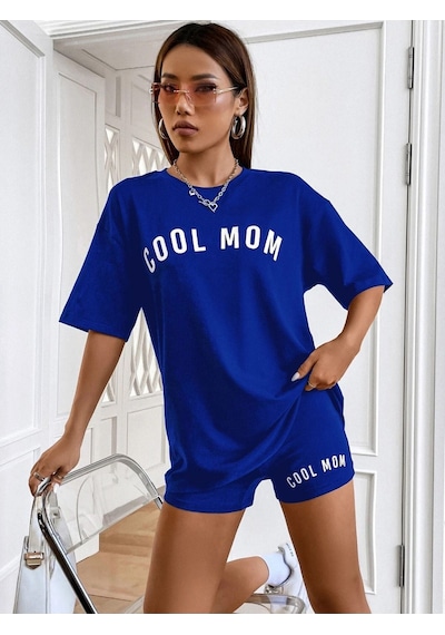 Cool Mom T-shirt - Lacivert Baskılı Oversize Bisiklet Yaka Kısa Kol Tişört Lacivert