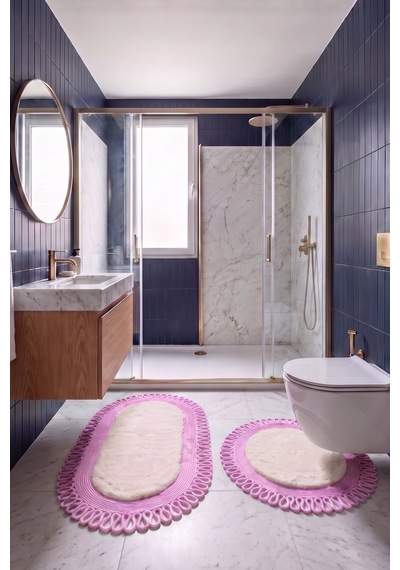 Banyo Paspası Takımı 60x100+60x60 Cm Dış Trikot Bej & Pembe