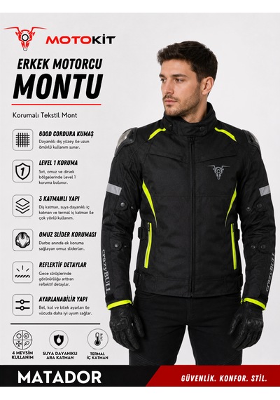 Motokit Crazybull Matador Neon Sarı Erkek 4 Mevsim 3 Katmanlı Korumalı Reflektörlü Motosiklet Montu