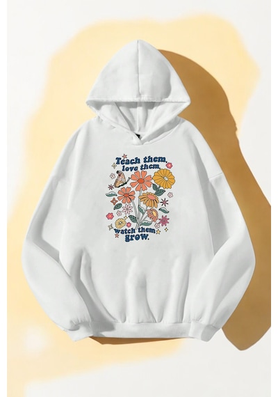 Flowers Baskılı Oversize Sweatshirt Beyaz