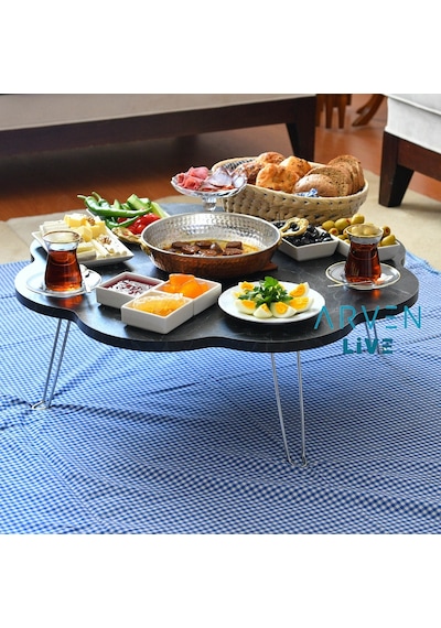 Arvenlive Mermer Desenli Ahşap Katlanabilir Papatya Yer Sofrası (467864187)
