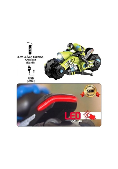 1:10 Uzaktan Kumandalı Rc Drift Akrobasi Motorsikleti - 360 Derece Dönüş - Işıklı - 2.4 Ghz Yeşil