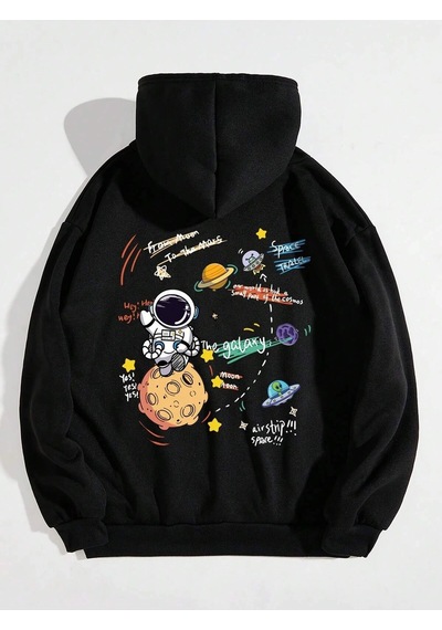 Startmore Galaxy Özel Baskılı Oversize Kapüşonlu Sweatshirt Siyah Siyah