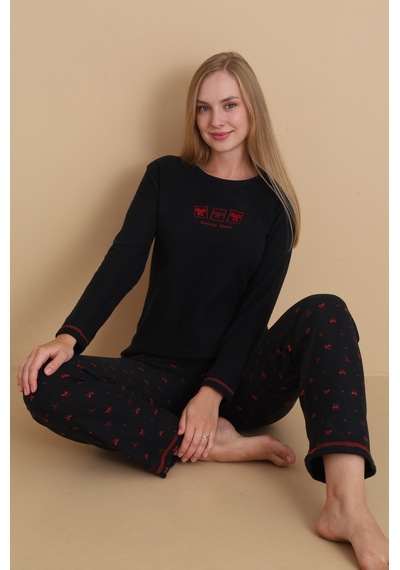Wordex Mırano 3109 Waffle Yumuaş Kumaş Fiyonk Desenli Kışlık Ev Kadın Pijama Takımı Siyah