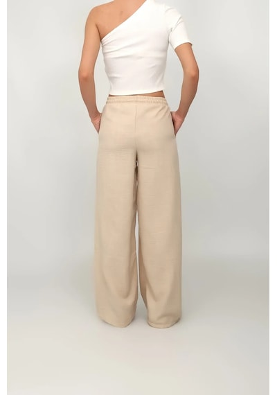 Adisia Kadın Beli Lastikli Geniş Paça Keten Pantolon Bej